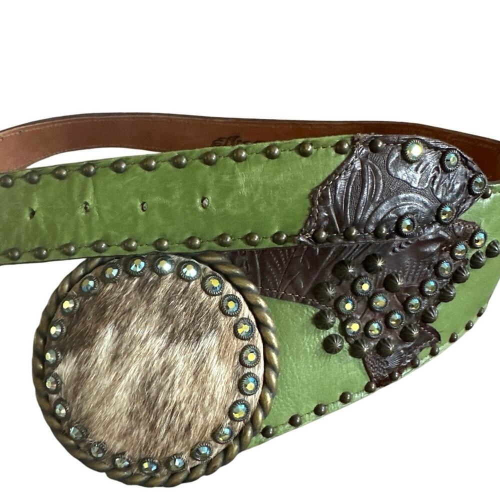 Women’s Arohoe Leather Cow Hide Swarovski Crystal Green Western Belt